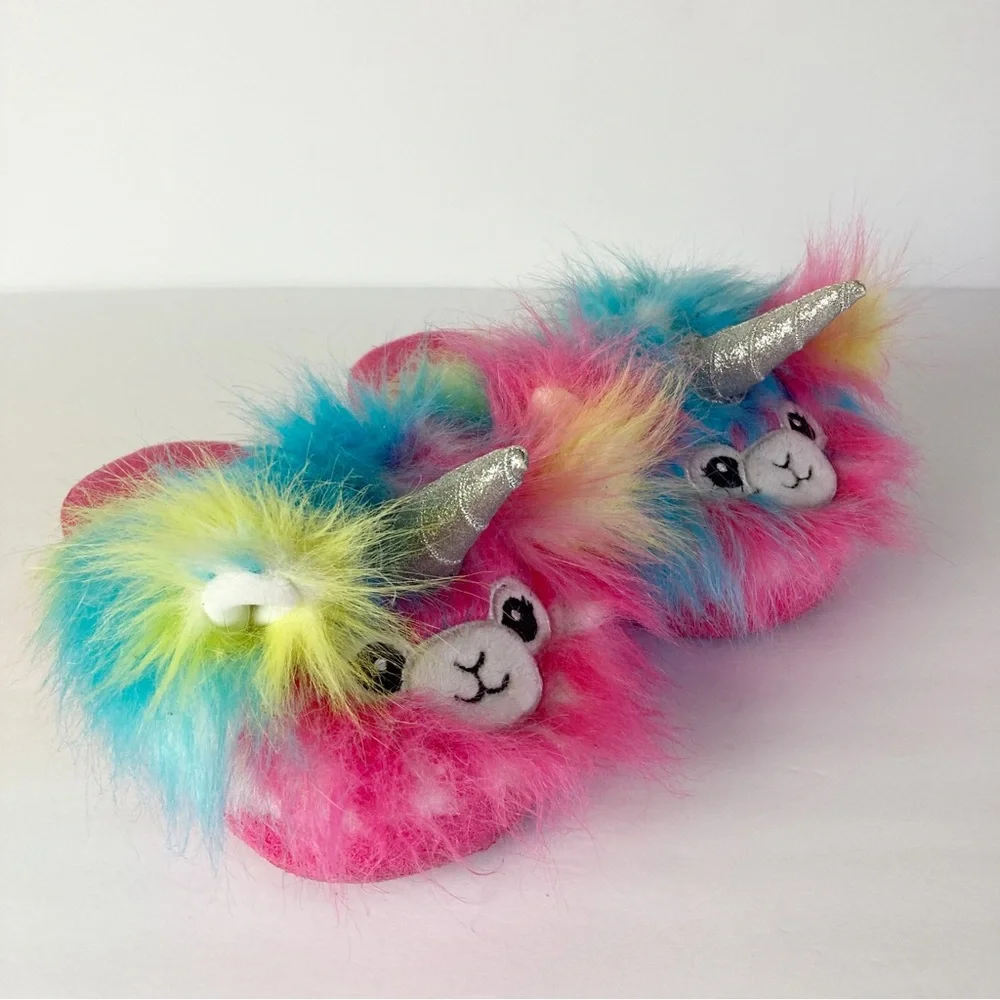 Justice Unicorn Fluffy Slippers Pink Girl Size 2/3